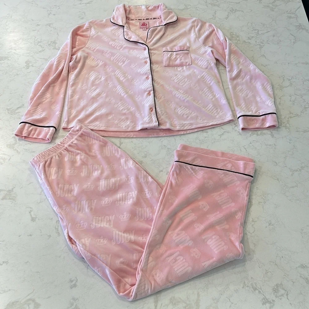 Juicy Couture Pink Polyester Button Down Blend Pajama Set Women’s Large